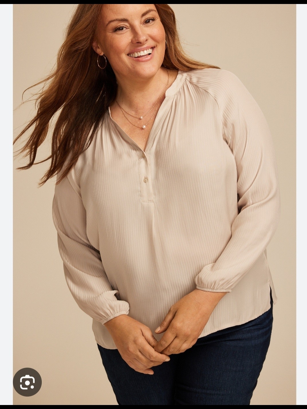 Maurices 2x Light Cream Split-Neck Long-Sleeve Blouse